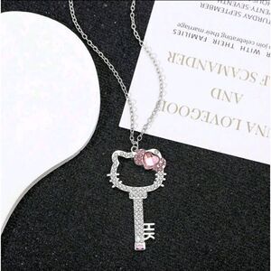 Sanrio Hello Kitty Key Pink Bow Rhinestone Pendant Necklace NEW